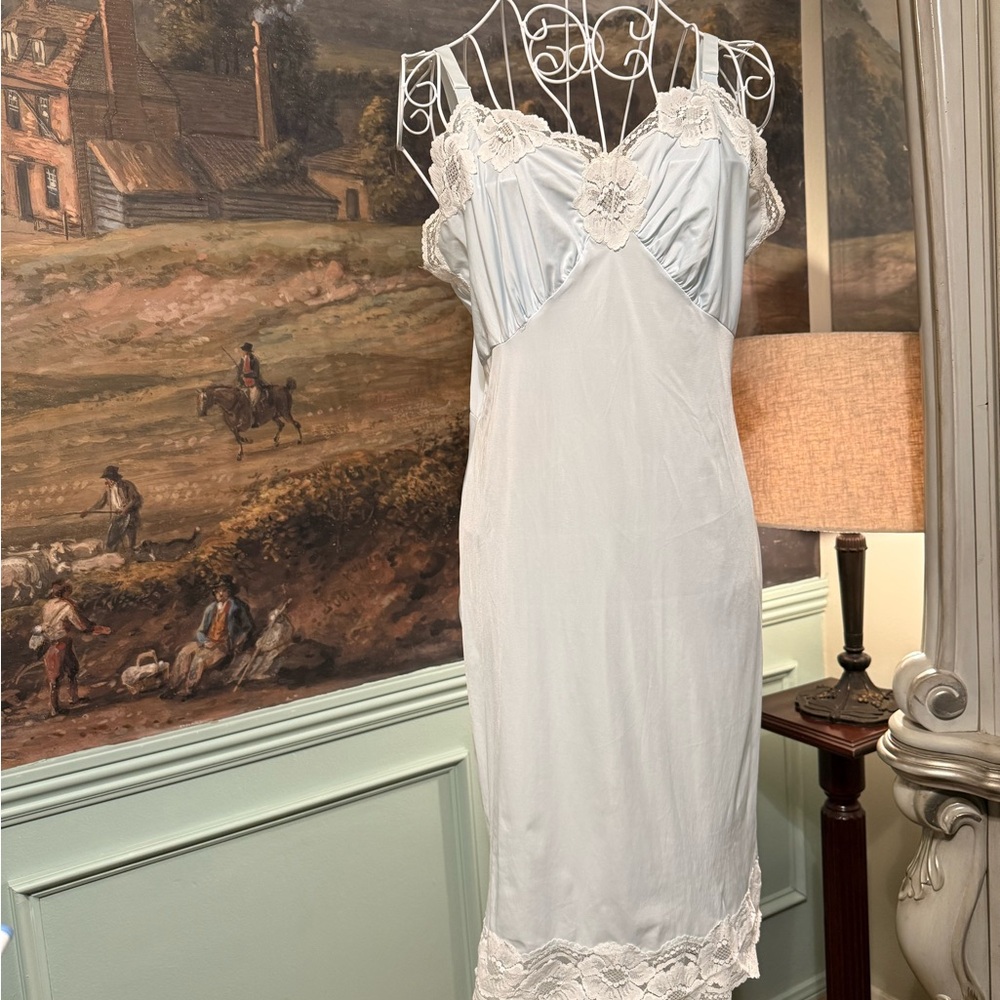 Vintage Aristocraft Baby Blue Lace Slip Dress – Size 38 Romantic Satin Lingerie